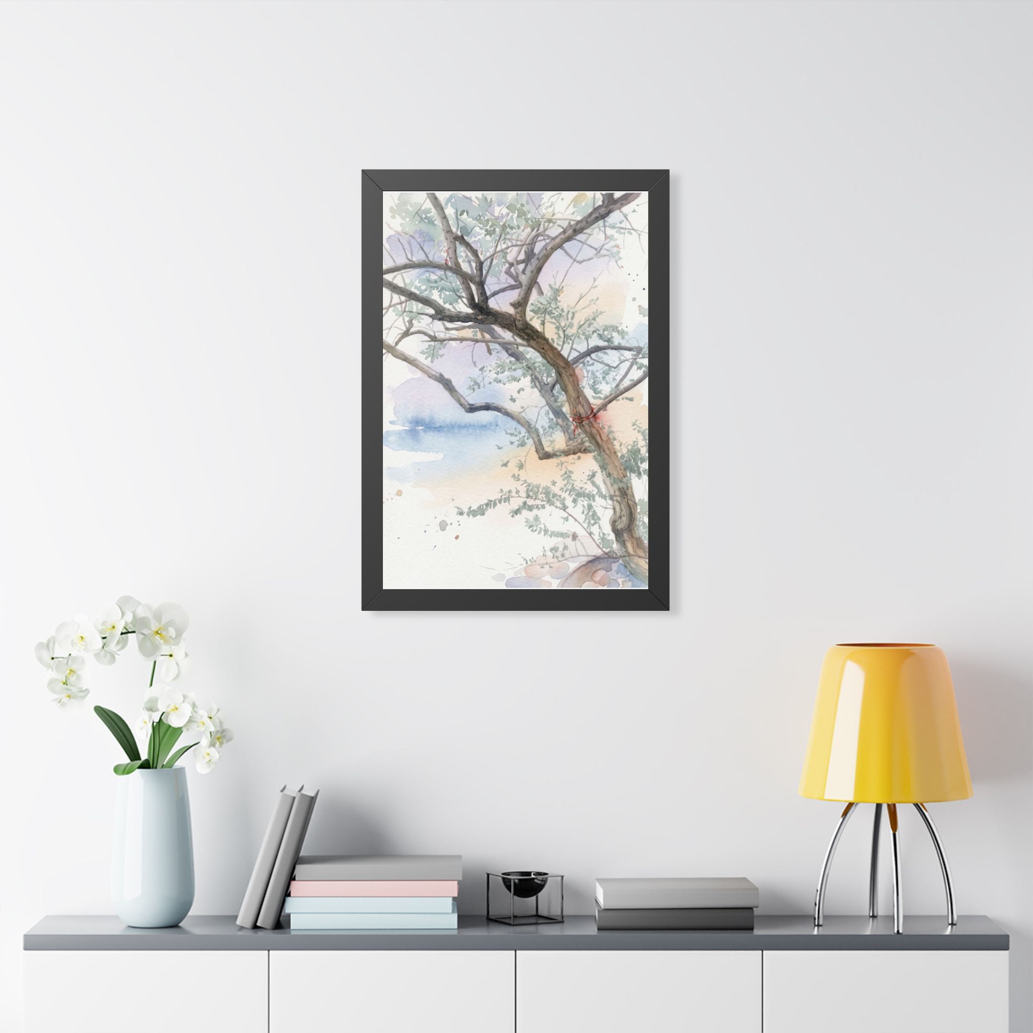 Watercolor Tree Framed Poster — Serene Botanical Wall Art (Vertical)