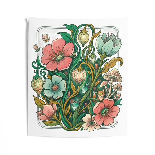 Floral Forest Tapestry — Botanical Flowers & Mushrooms Wall Art