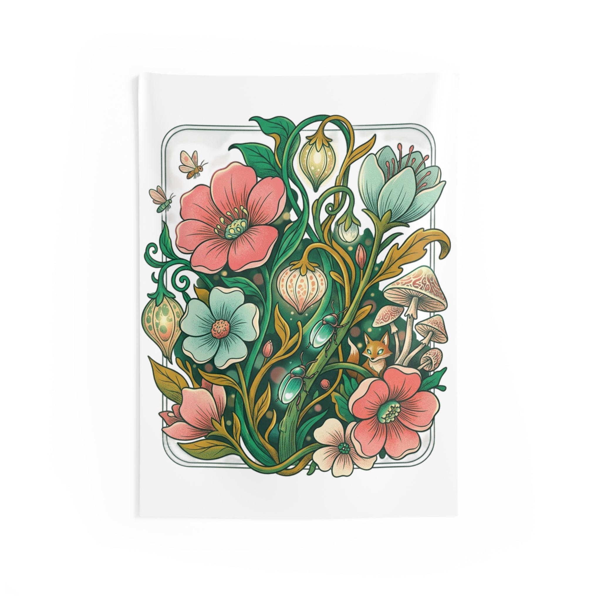 Floral Forest Tapestry — Botanical Flowers & Mushrooms Wall Art