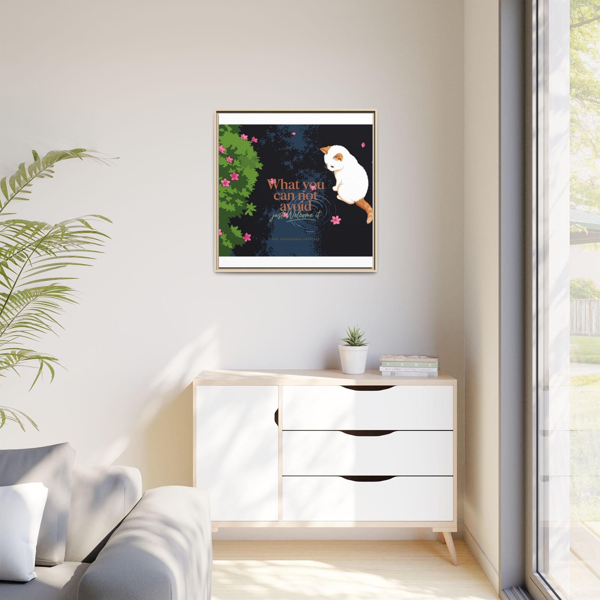 Framed Matte Canvas Wall Art — Cat with Quote "What You Can Not Avoid, Just Welcome It"